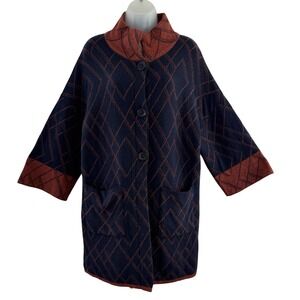 Aida Coat Womens Large Navy Rust Wool Knit Geometric Funnel Collar Made Italy
